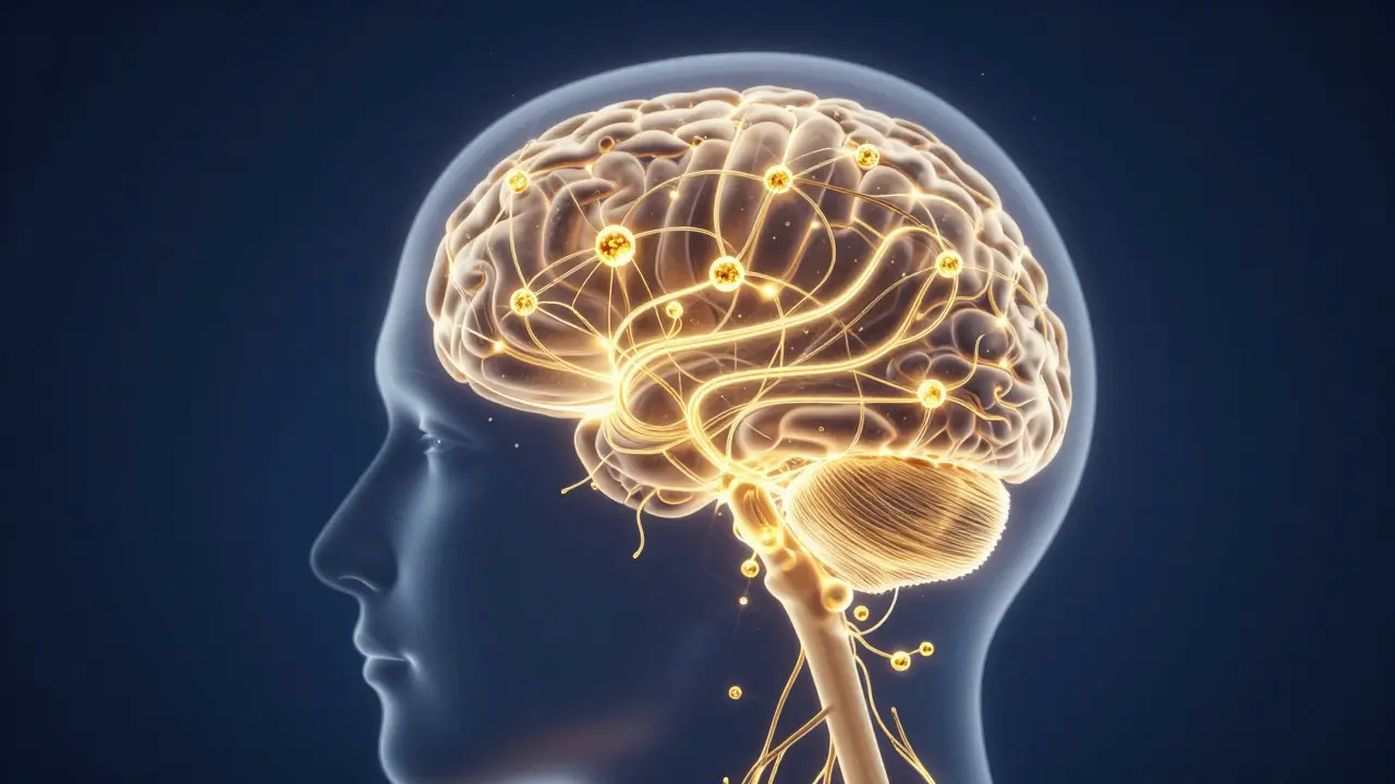 Konceptuální ilustrace endokannabinoidního systému v lidském těle.