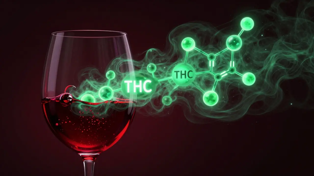 Konceptuální ilustrace znázornující slučování THC a alkoholu v červeném víně.
