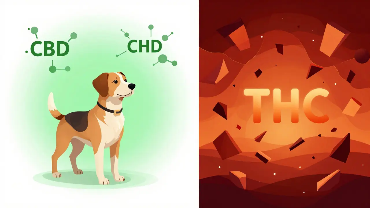 Konceptuální srovnání uklidňujícího účinku CBD a toxického efektu THC u psa.