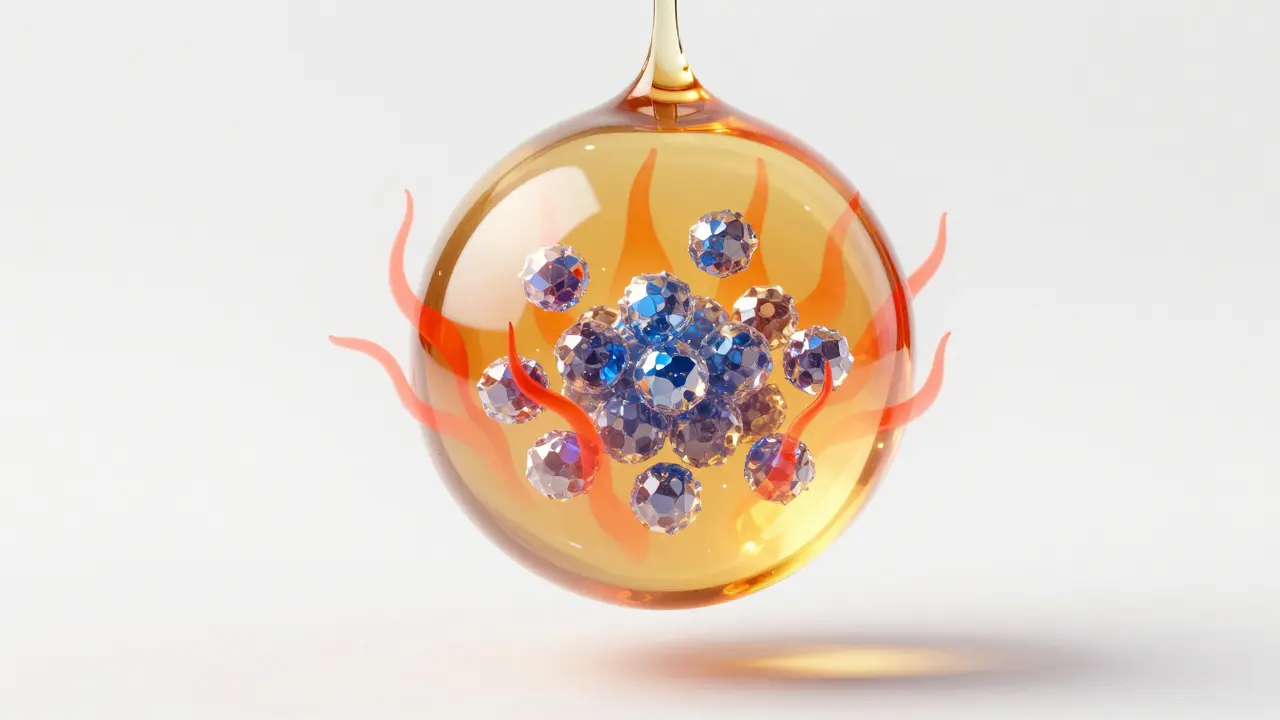 Konceptuální znázornění molekul CBD chráněných vrstvou rozpuštěného másla před teplem.