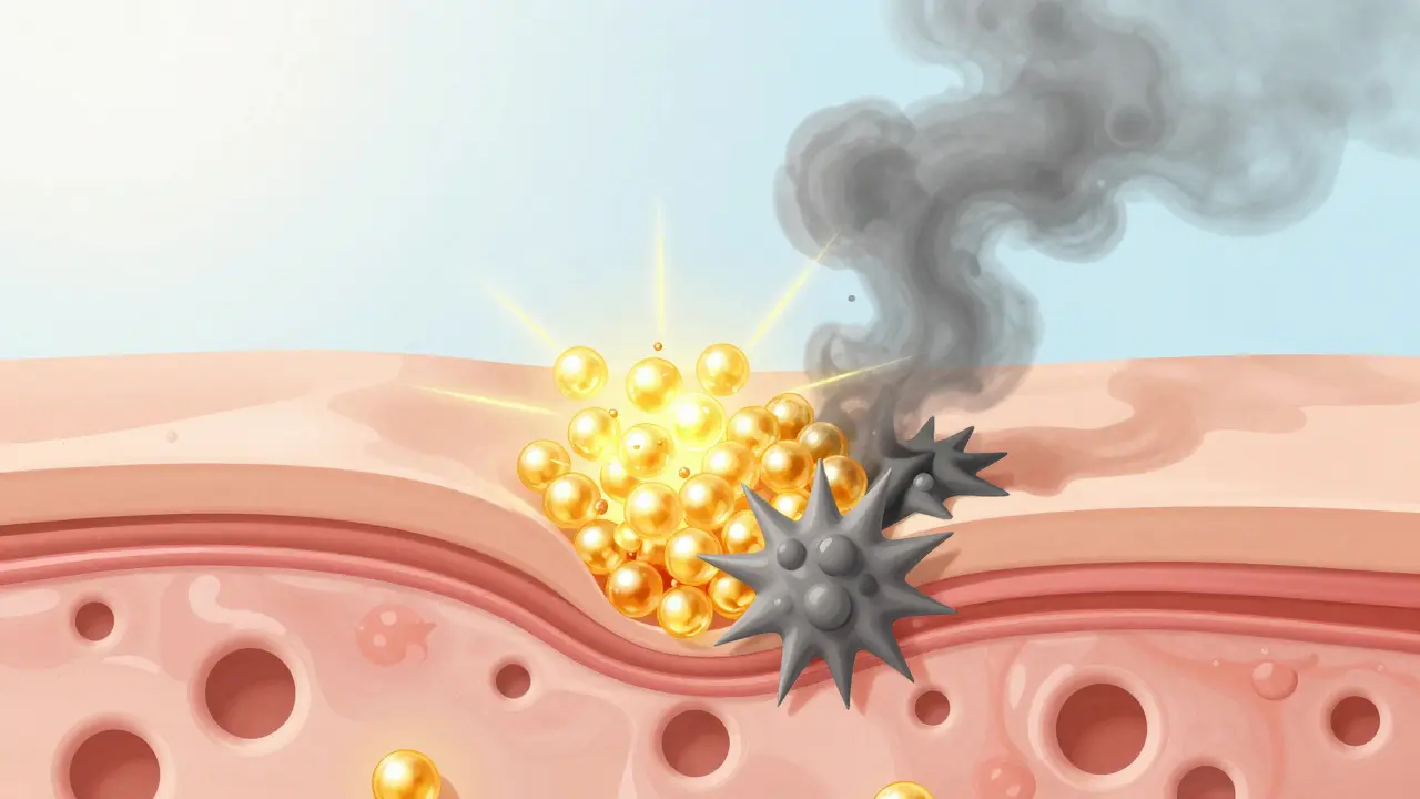 Konceptuální znázornění ochranného účinku CBD na vrstvy pokožnosti.