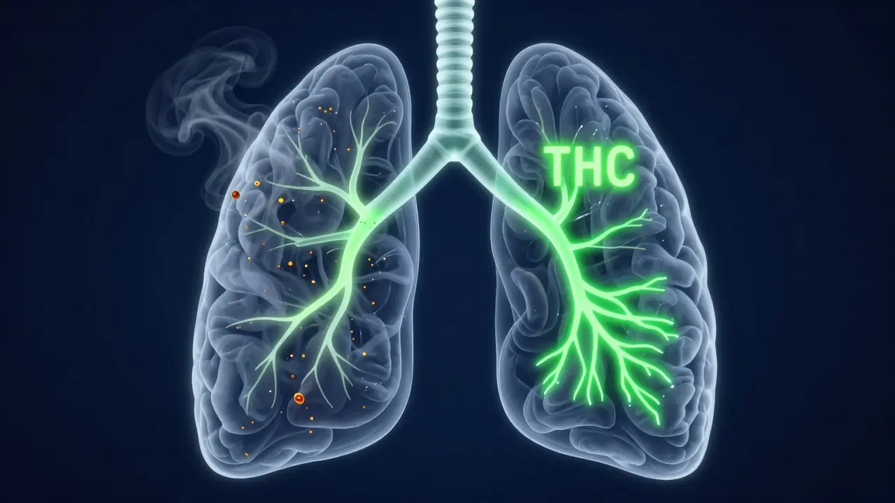 Konceptuální znázornění vlivu THC na mozek a plíce.
