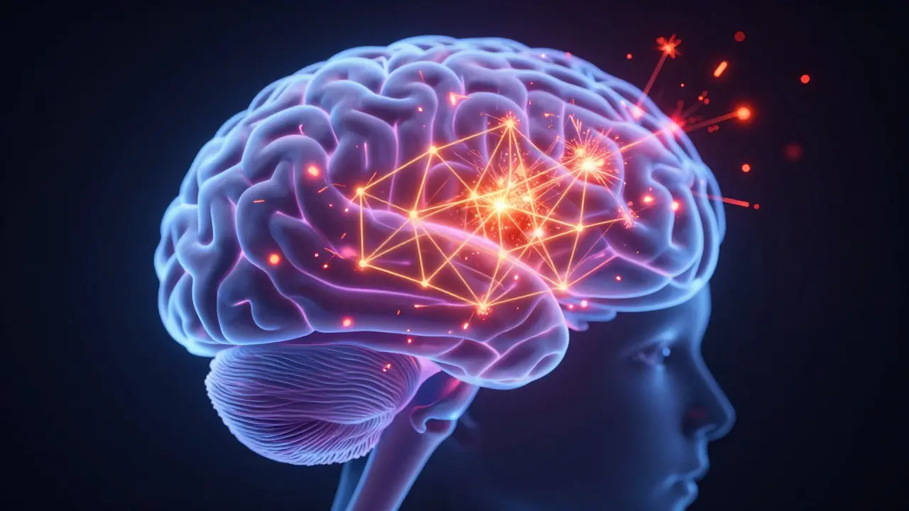 Konceptuální znázornění vlivu THC na neurální sítě v dětském mozku.