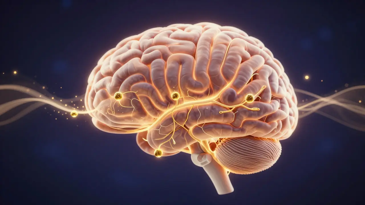 Konceptuální zobrazení CBD molekul aktivujících receptory v mozku.