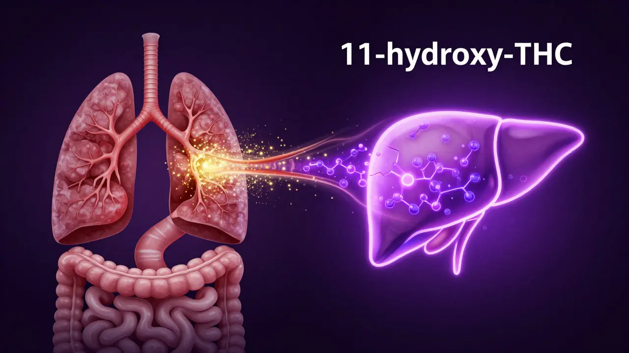 Konceptuální zobrazení cesty kanabinoidů přes plíce a játra.