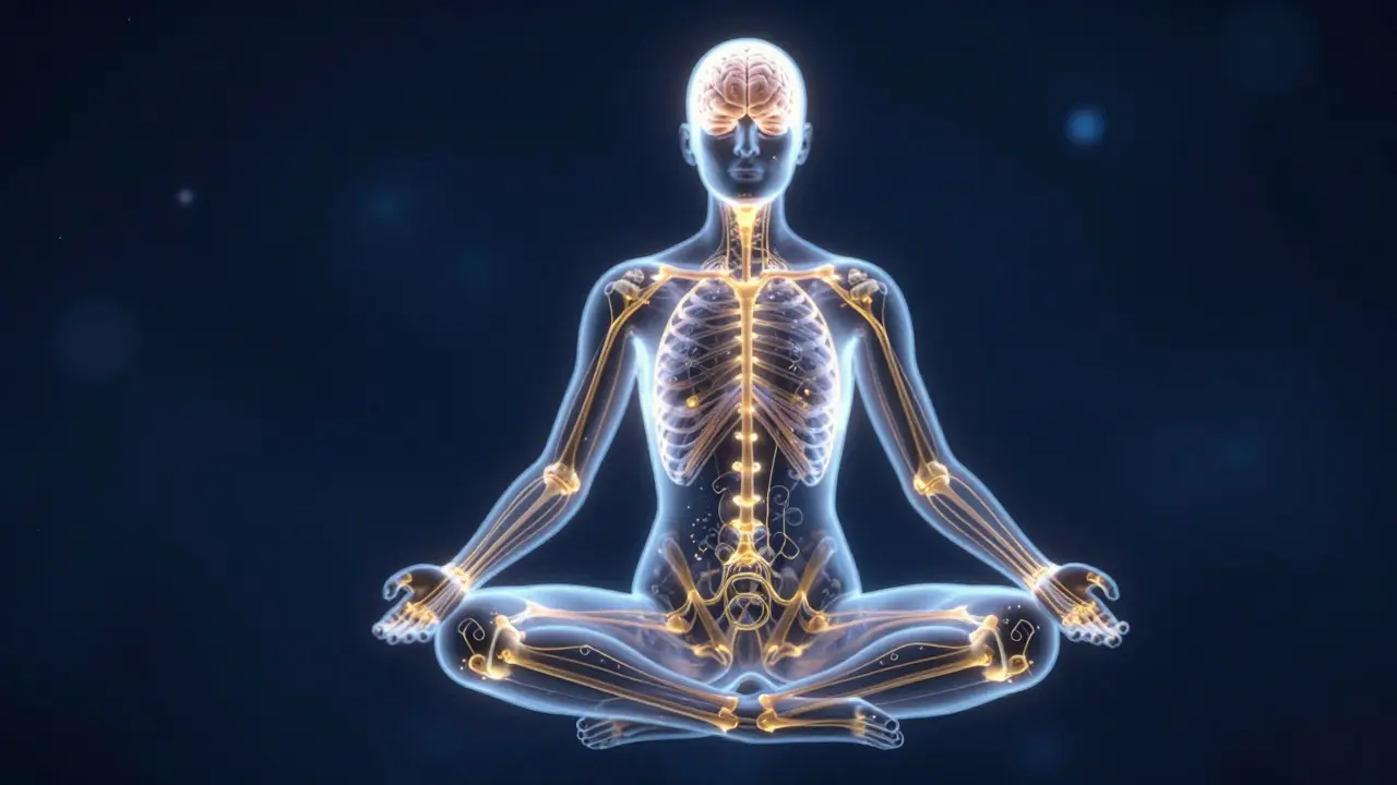 Konceptuální zobrazení endokanabinoidního systému v lidském těle jako zlatá síť.