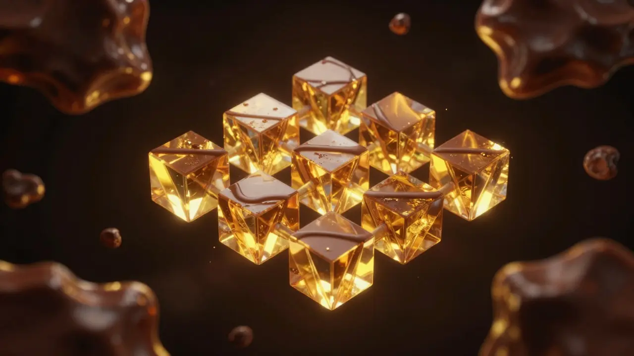 Konceptuální zobrazení krystalizace kakaového másla při temperování.