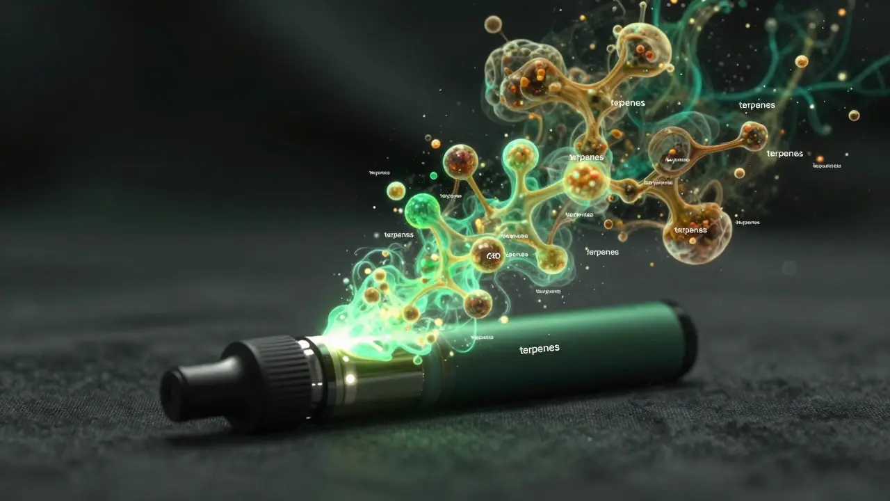 Konceptuální zobrazení molekul terpenů unikajících z CBD vapy