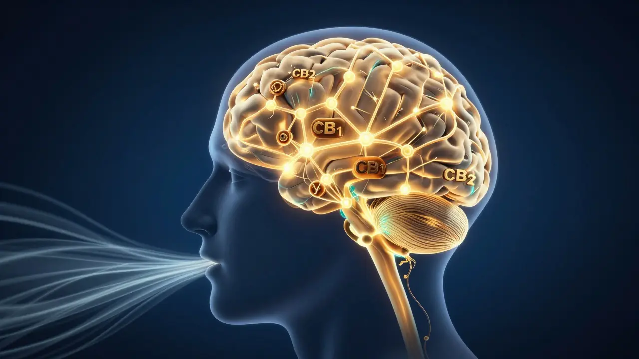 Konceptuální zobrazení receptorů v mozku a vstřebávání CBD.