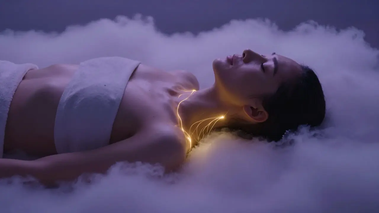 Konceptuální zobrazení uvolnění svalů a vnitřního klidu v uklidňujících barvách.