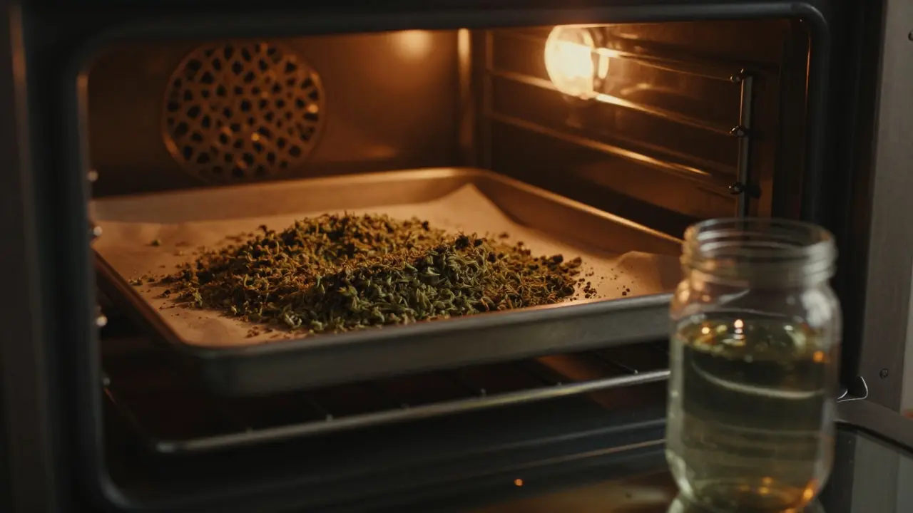Mleté konopí na plechu v troubě během procesu dekarboxylace.