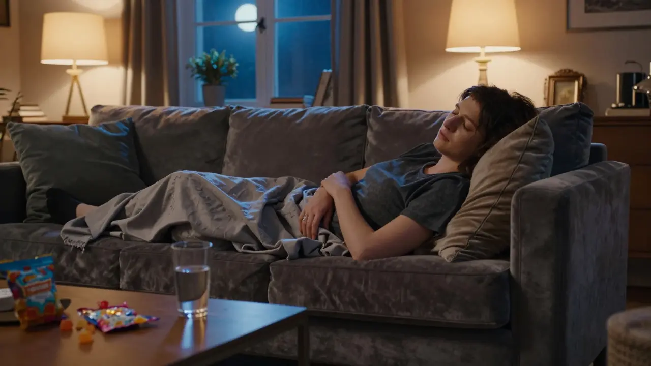 Osoba hluboce uvolněná v pohodlném křesle po konzumaci edibles.