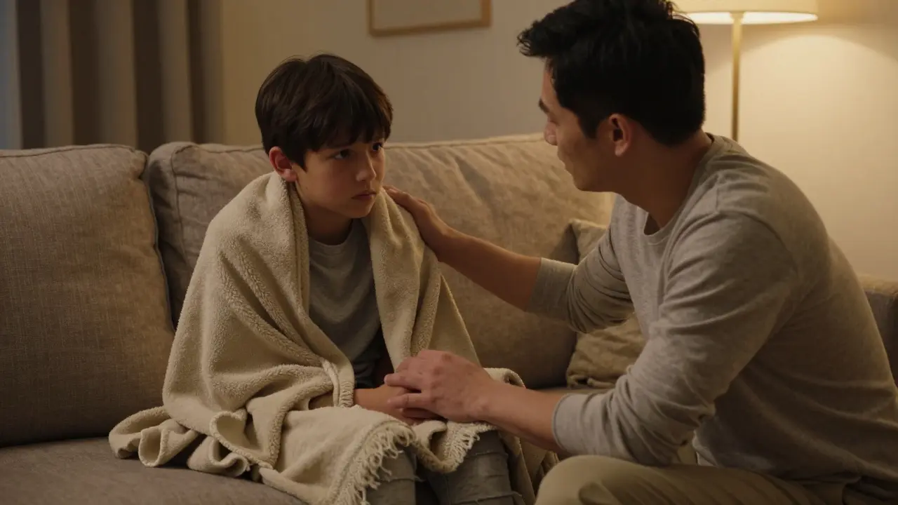 Rodič uklidňuje ustrašené desetileté dítě v bezpečném domácím prostředí.