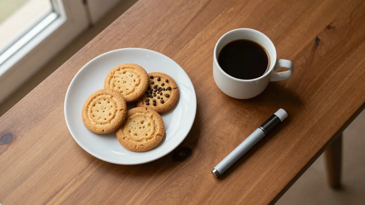 Sada CBD produktů včetně sušenek a vapařiče na dřevěném stole.
