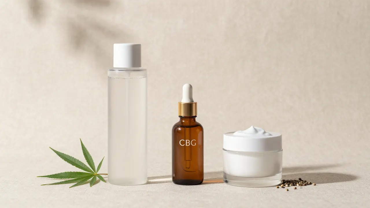 Sada kosmetických produktů pro vrstvení péče s CBG na lněném podkladu.