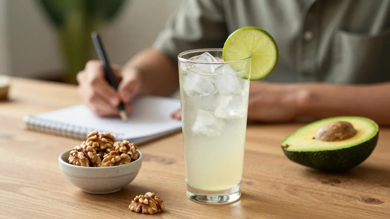 Sklenice konopného energetického nápoje s ledem vedle zdravých tuků jako ořechy a avokádo.