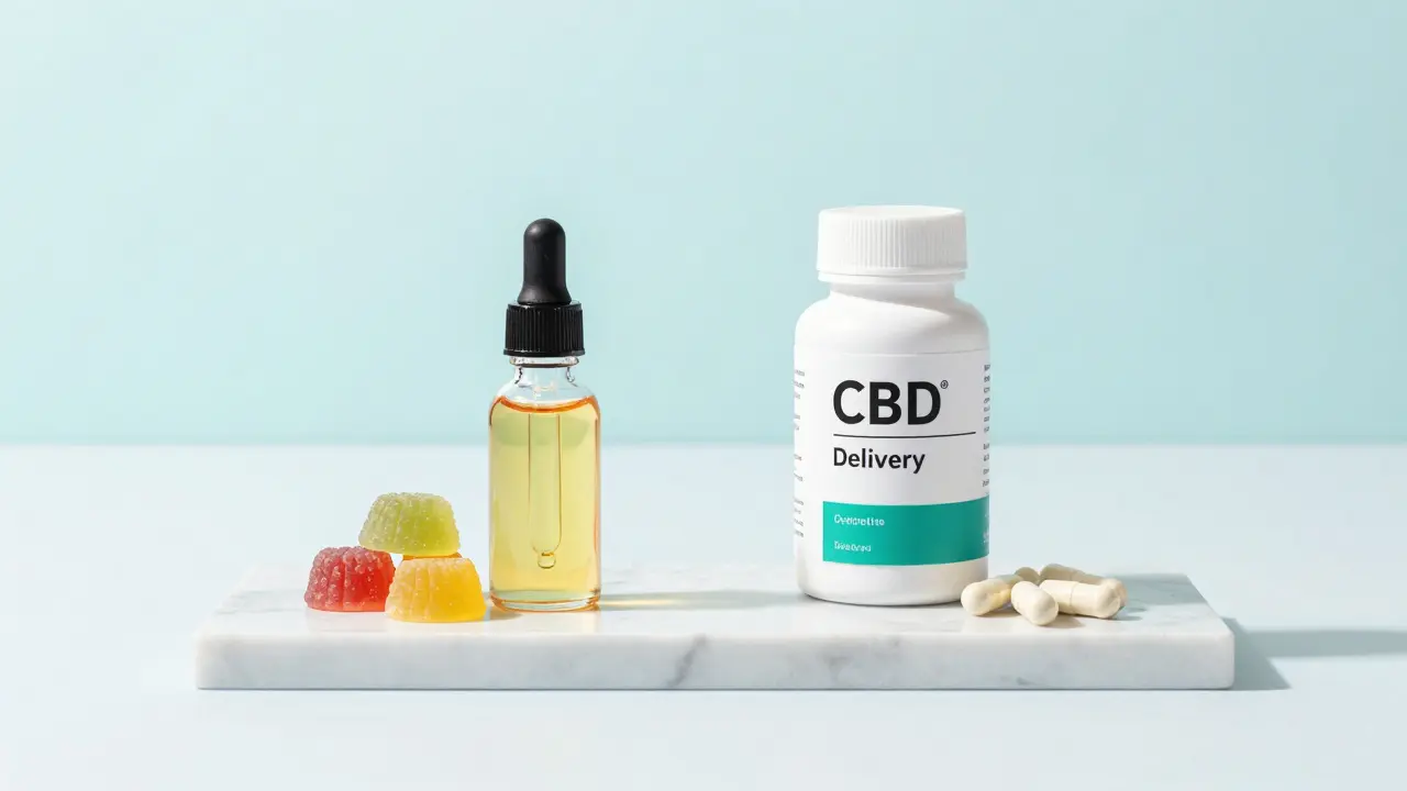 Srovnání CBD oleje, žvýkaček a kapslí na bílém mramoru.