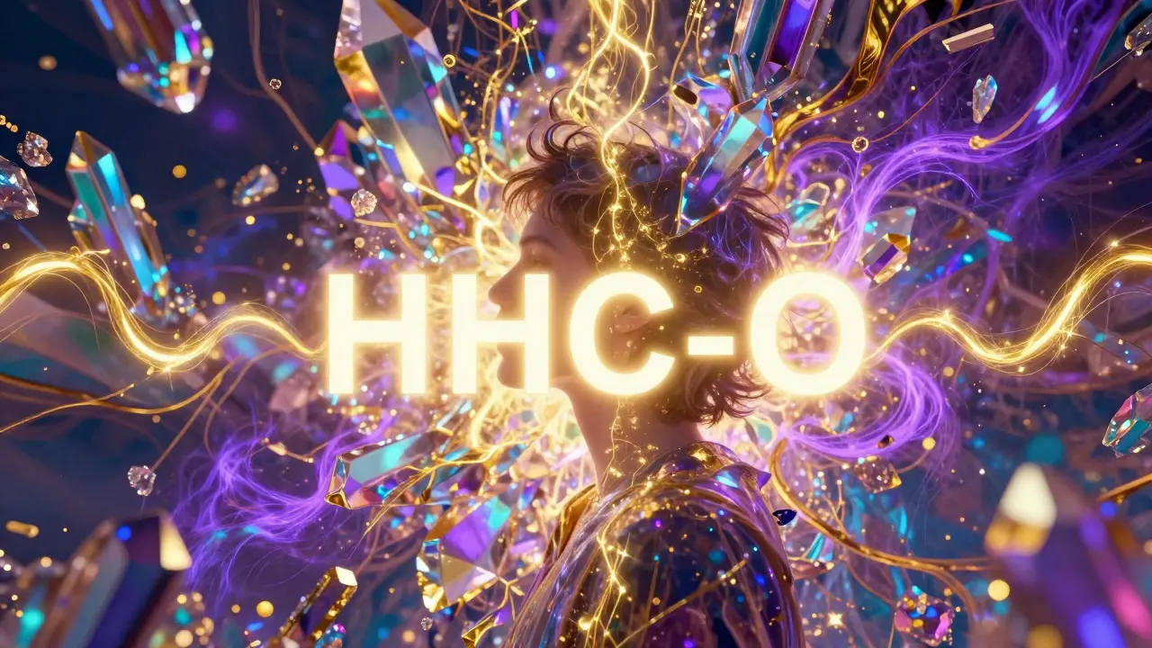 Surrealní obraz znázornující intenzivní euforii a jasné barvy při působení HHC-O.