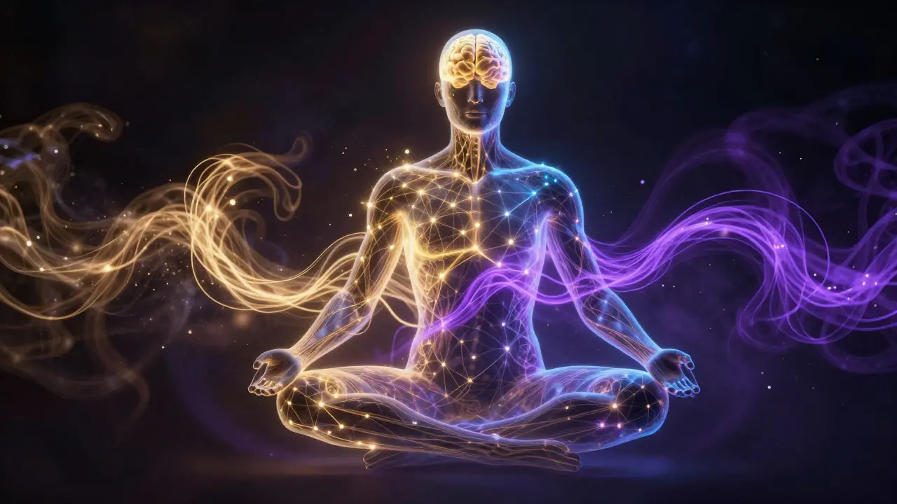 Umělecká reprezentace endokanabinoidního systému a efektu doprovodu v těle.