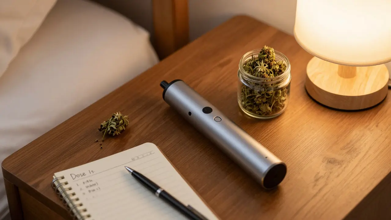 Vaporizér, CBD květy a deník na dřevěném stolku při tlumeném osvětlení.