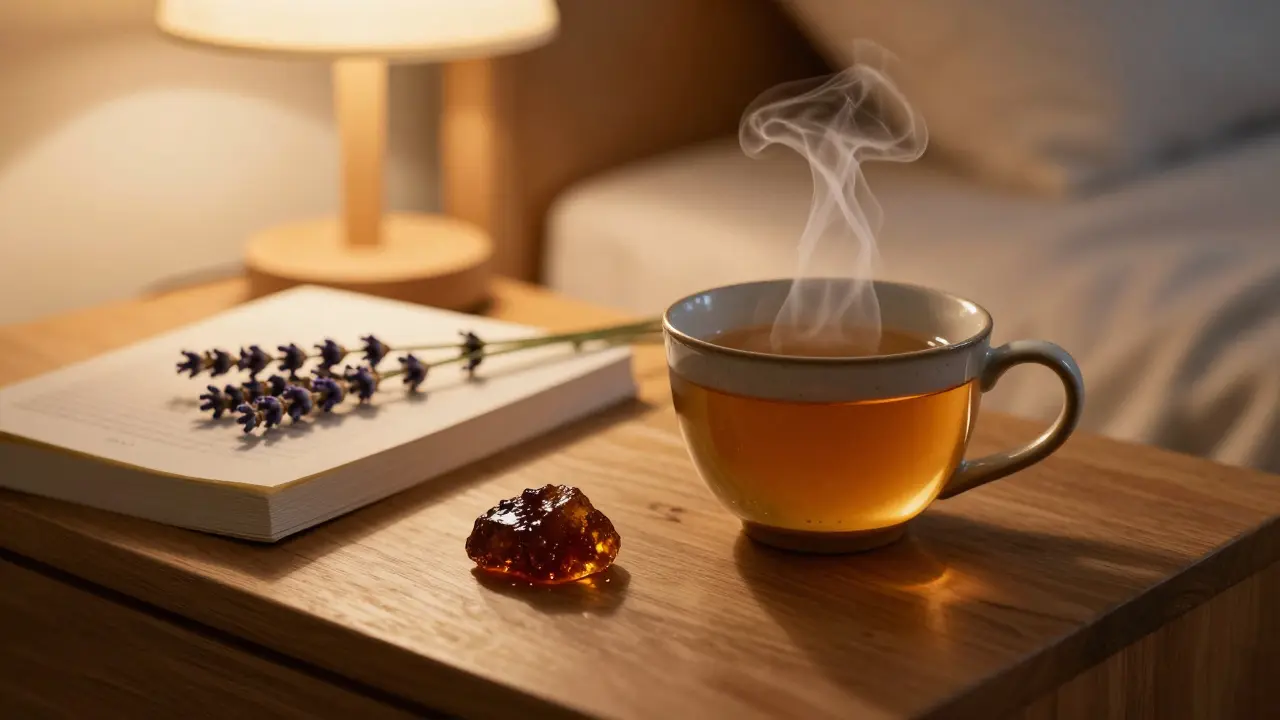 Večerní rituál pro spánek s CBD hashem, bylinkovým čajem a levandulí.