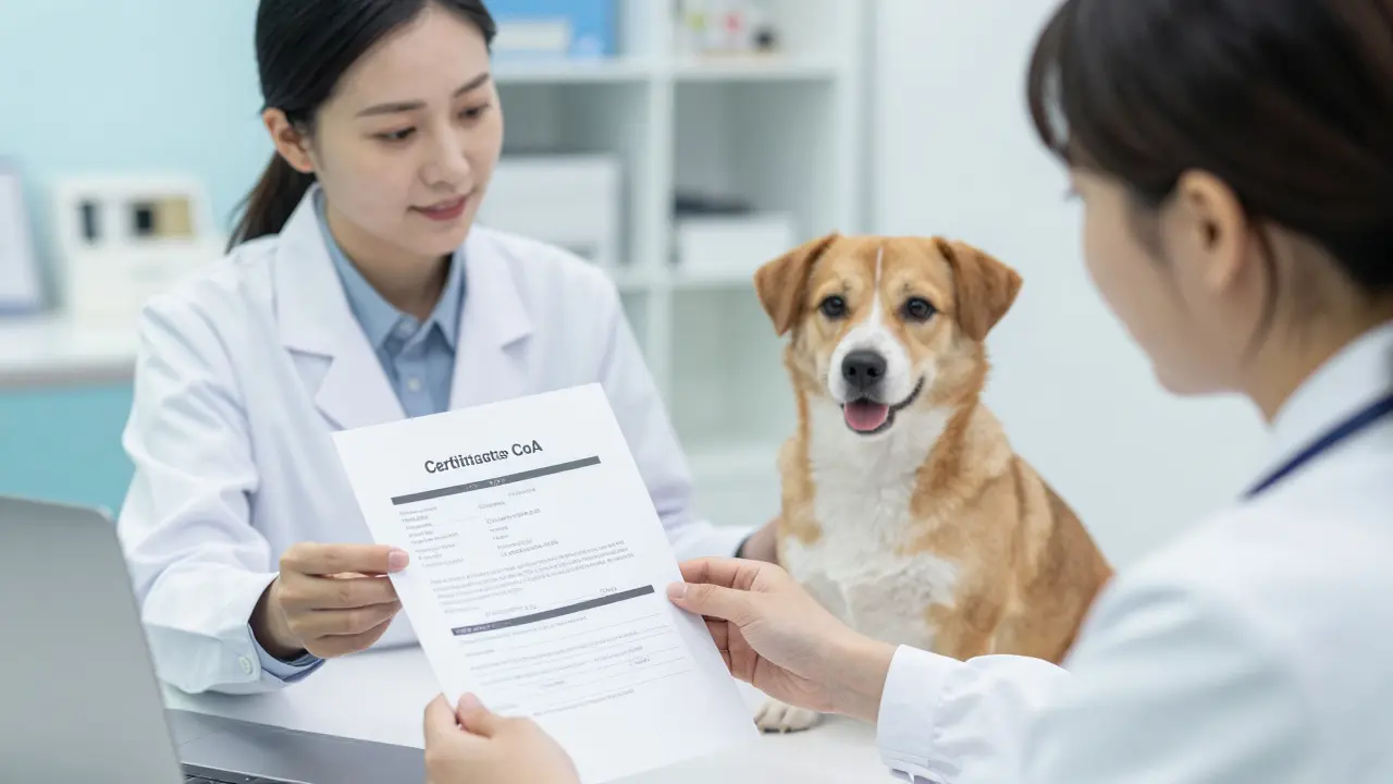 Veterinář konzultující certifikát analýzy CBD produktu s majitelem psa.