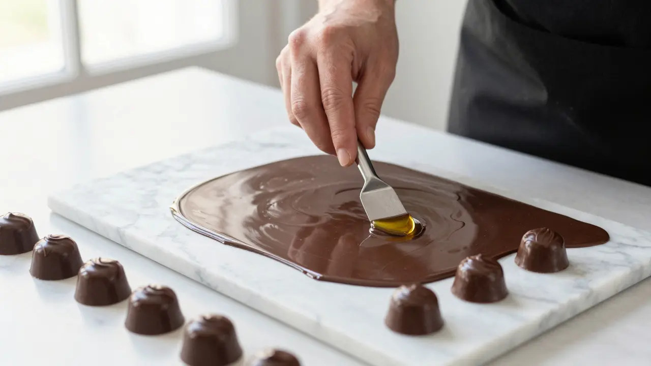 Výroba konopných bonbonů na mramorové desce s lStatusCodes lesklou čokoládou.