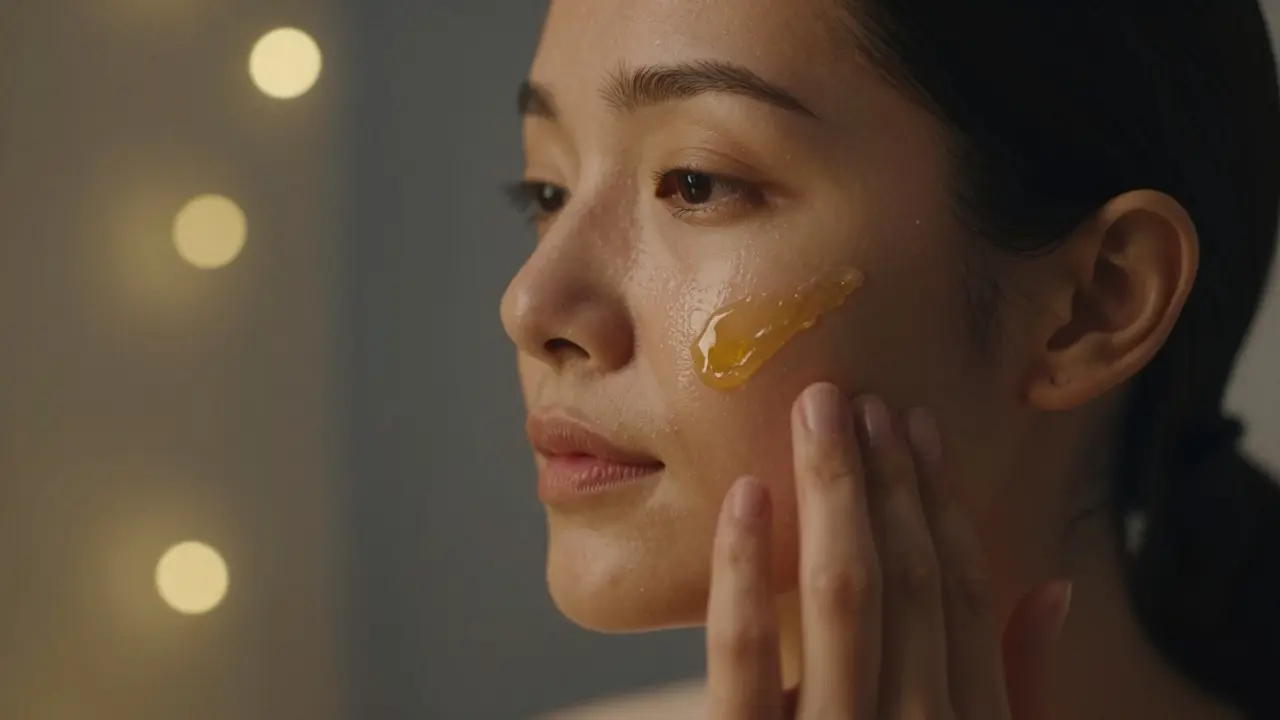 Žena aplikující CBD olej na pleť během večerní péče.