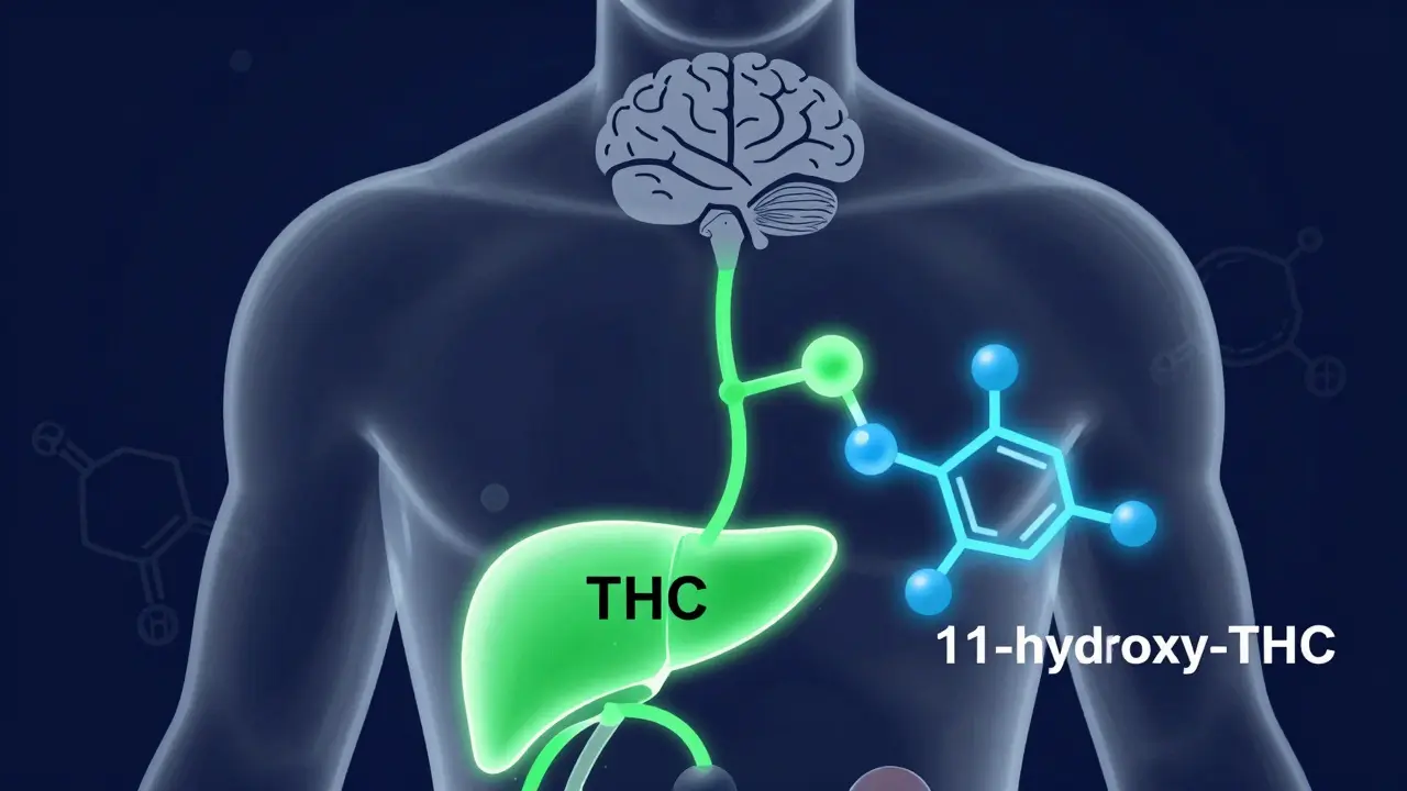 Abstraktní ilustrace metabolismu THC v těle od žaludku k mozku