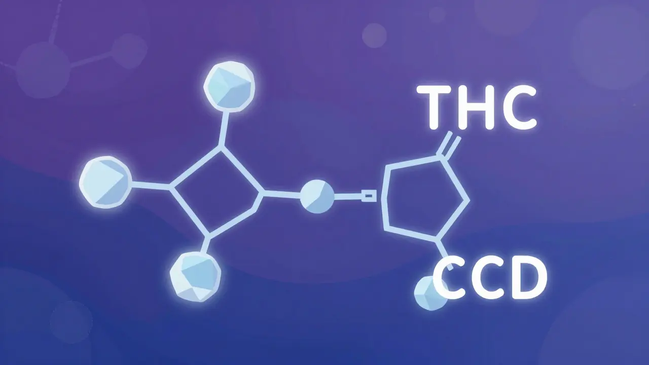 Abstraktní ilustrace molekul THC a CBD v chemickém prostoru