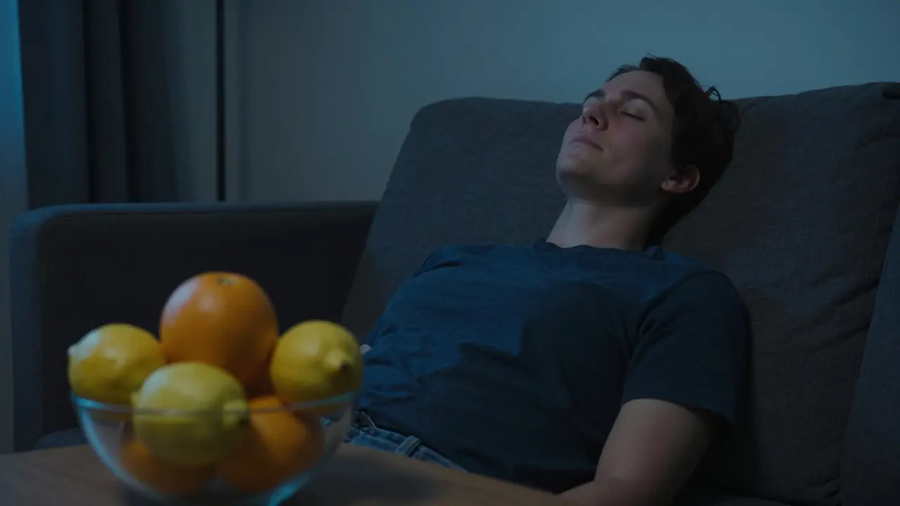 Člověk klidně dýchá v tmavém pokoji s citrony vedle sebe