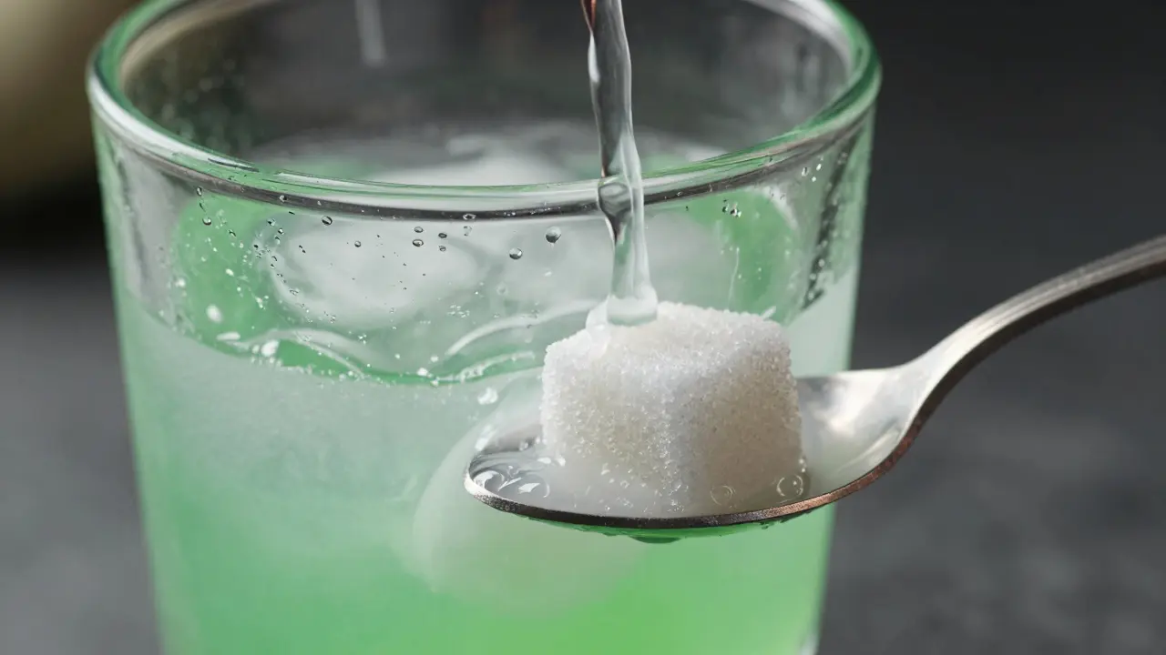 Detailní záběr na zakalování absintu při přidávání ledové vody