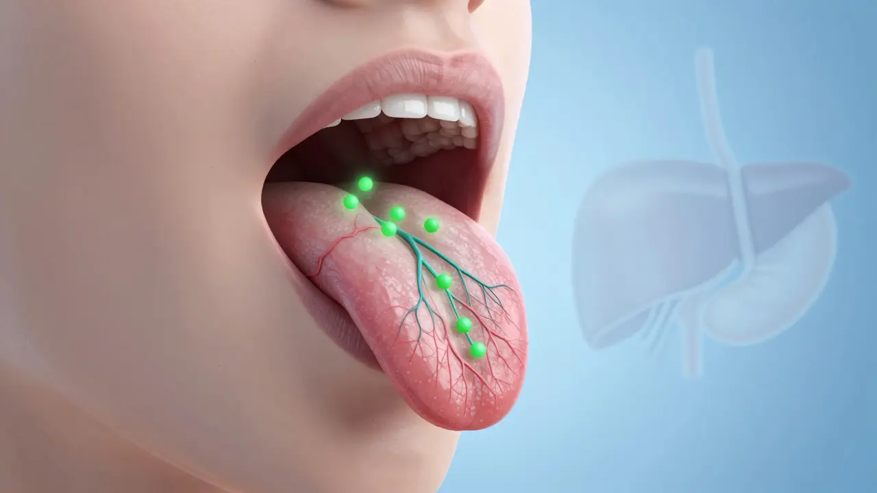 Ilustrace absorpce CBD pod jazykem do krve