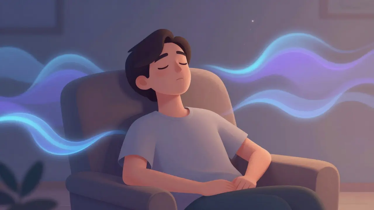 Ilustrace klidné osoby v křesle obklopené abstraktními vlnami relaxace