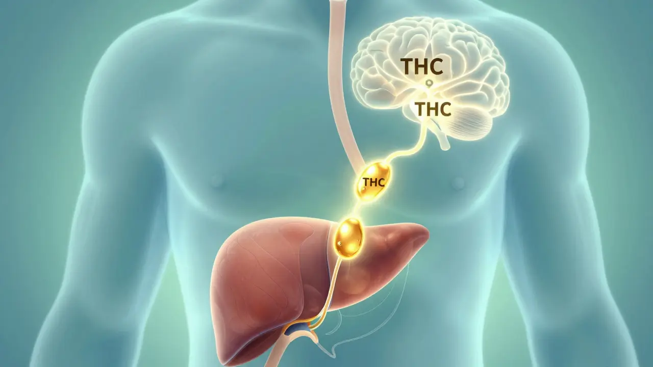 Ilustrace metabolismu THC v játrech a cestě do mozku