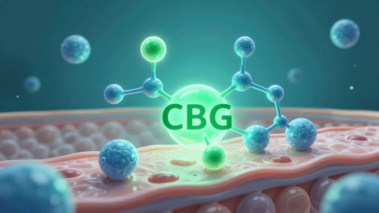 Ilustrace molekul CBG a CBD působících na buňky kůže