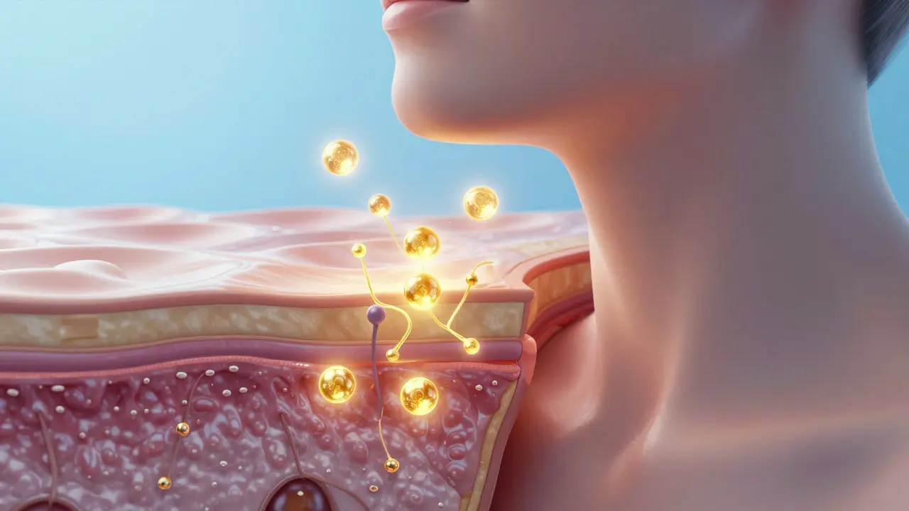 Konceptuální ilustrace vstřebávání CBD molekul do vrstev kůže na krku