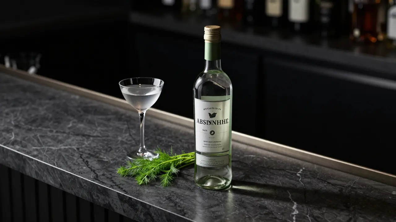 Lahev absintu na tmavém baru s bylinkami pro znalky