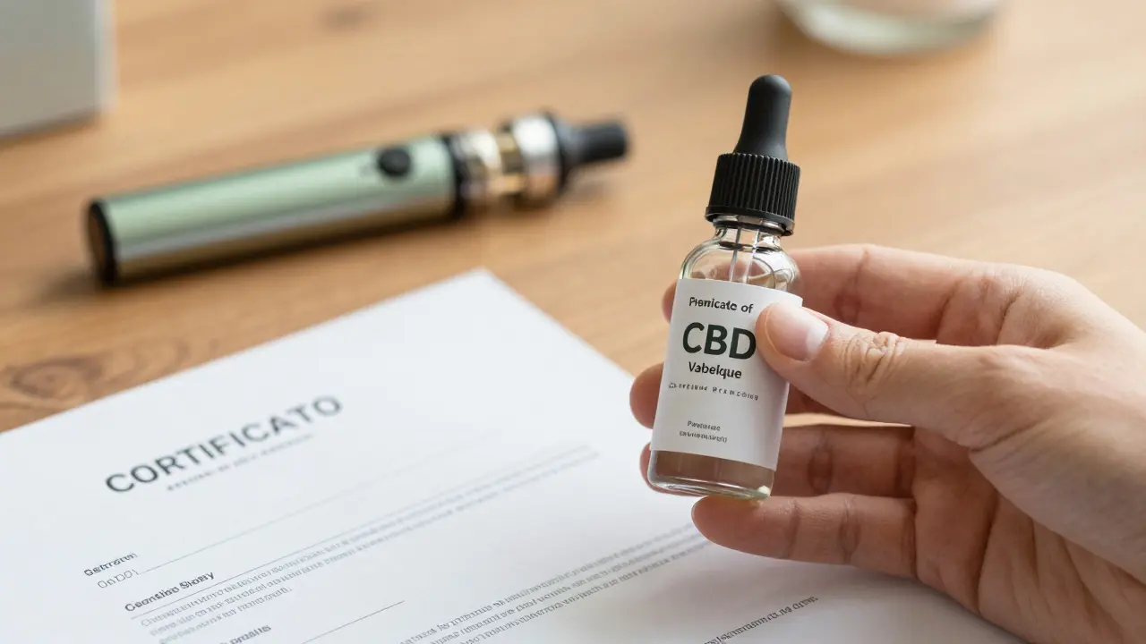 Láhve CBD e-liquidu a laboratorní zpráva na stole