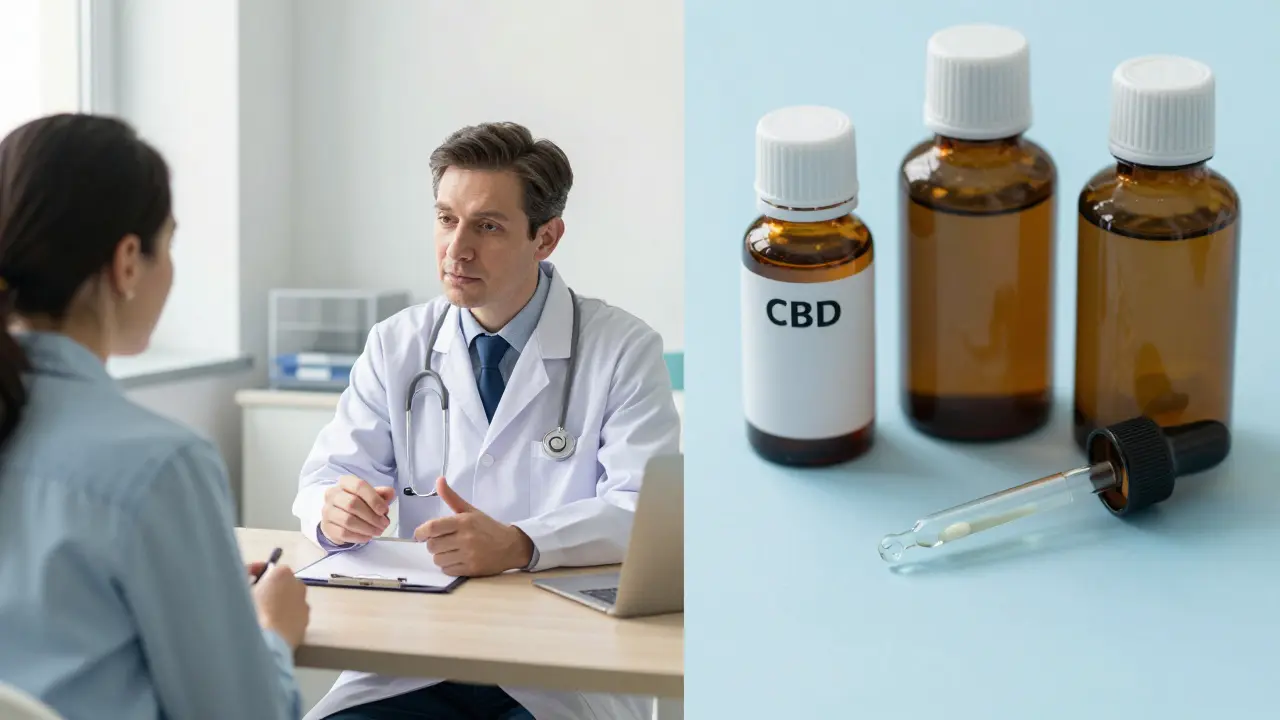 Lékař konzultuje pacienta o interakci léků s CBD kapkami