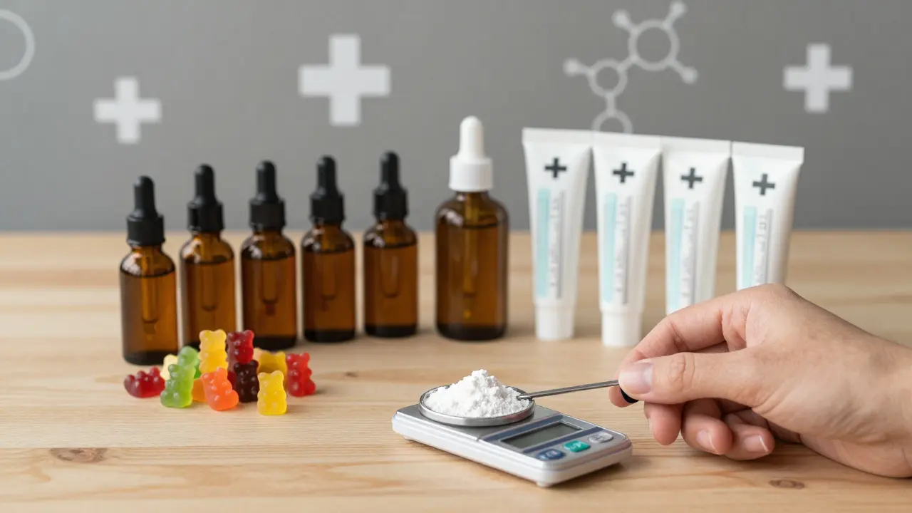 Různé formy CBD produktů a měření dávkování na dřevěném stole