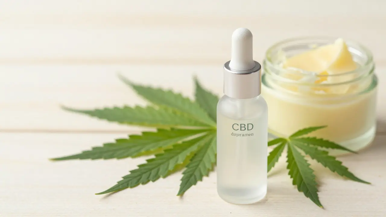 Skleněná lahvička s CBD krémem vedle čerstvých konopných listů a másła
