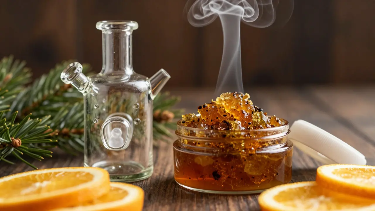 Skleněný dab rig vedle nádoby s CBD crumble a aromatickou párou, citrusové prvky