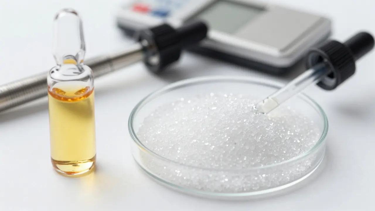 Srovnání čistých CBD krystalů a zlatého CBD oleje na laboratorním stole