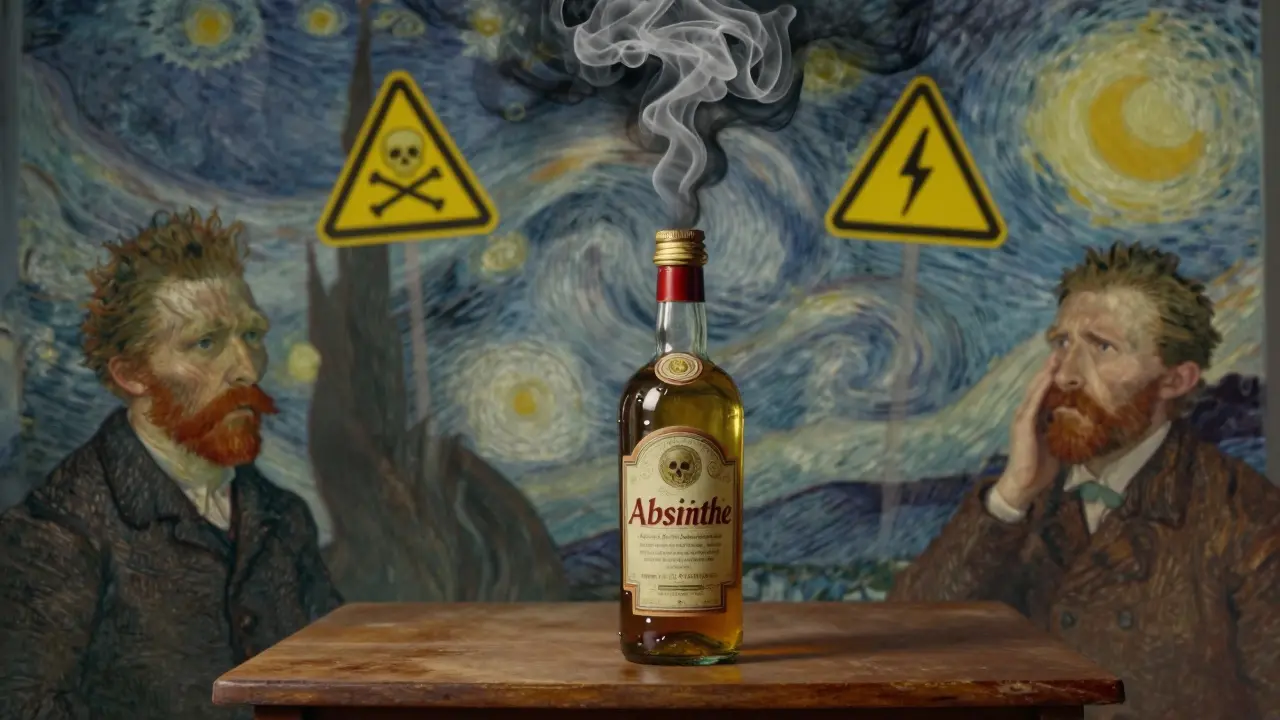 Symbolické zobrazení mýtu o absintu a jeho skutečných rizicích.