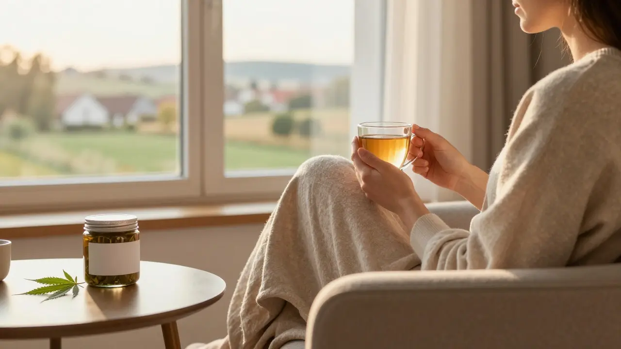 Uvolněný člověk v obýváku s čajem a přírodními doplňky