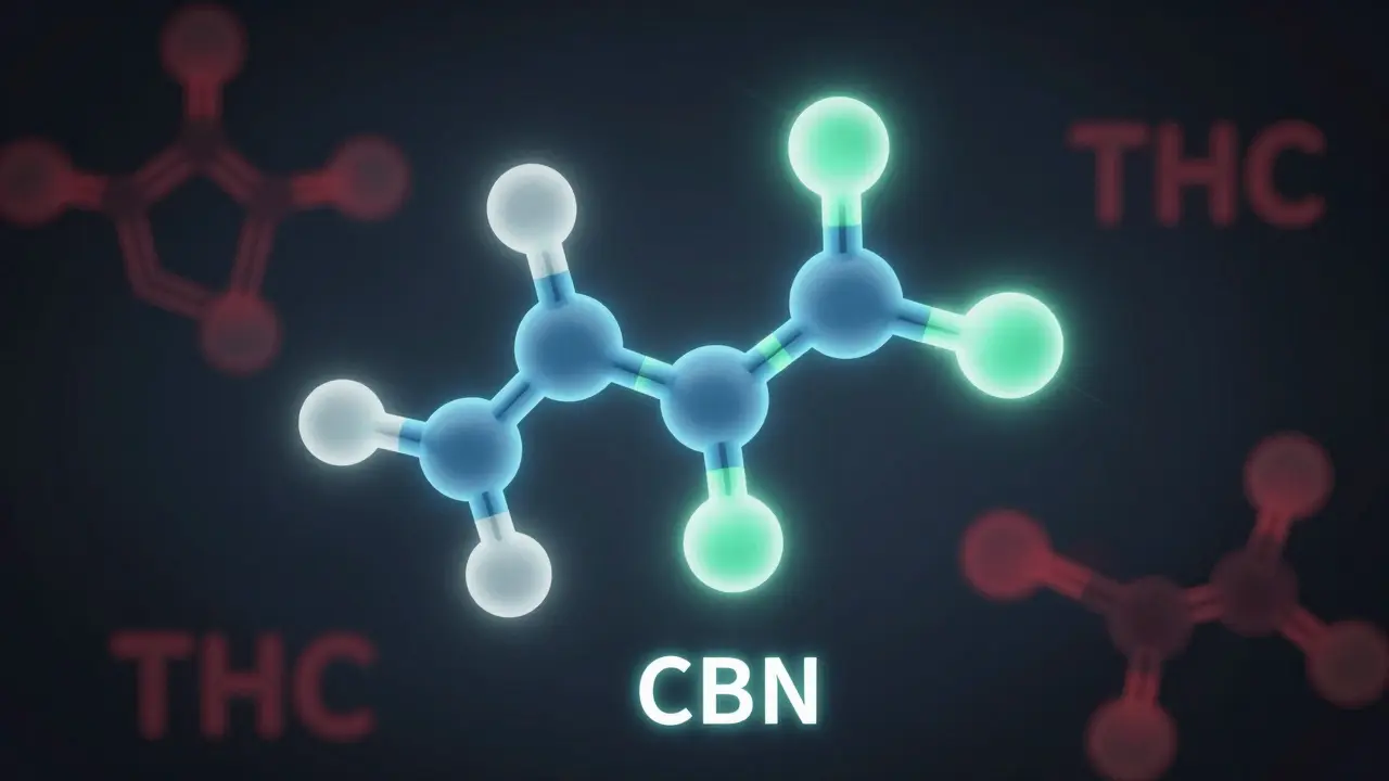 Abstraktní vizualizace molekuly CBN a jejího rozkladu z THC
