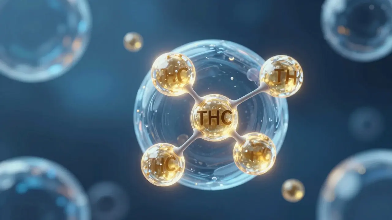 Abstraktní vizualizace nanočástic THC ve vodě