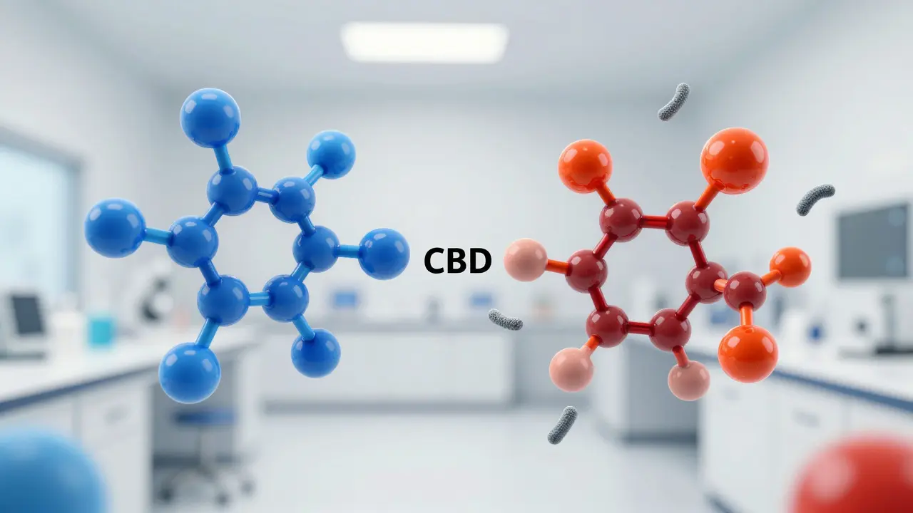 Konceptuální ilustrace molekul CBG a CBD v laboratoři