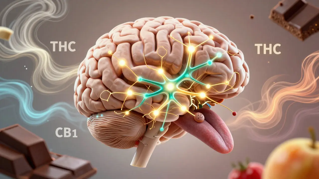 Konceptuální ilustrace mozku se zářícími neuronovými spojeními a chuťovými vjemy